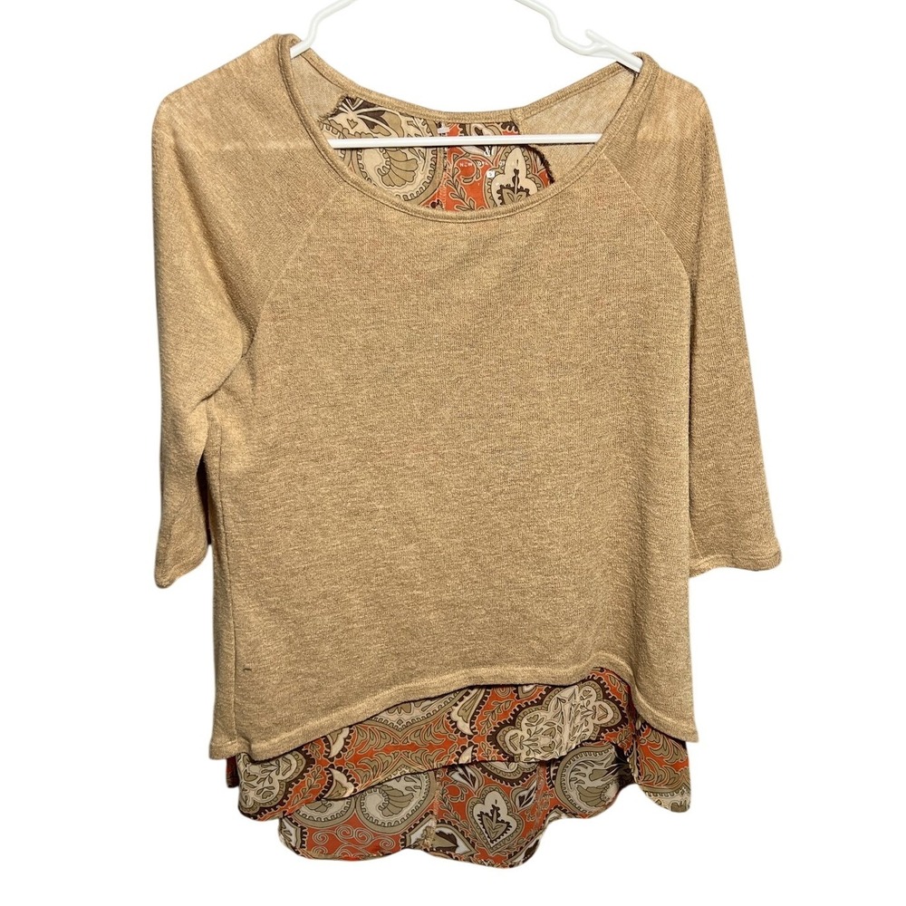 NY&C Women's Small Beige Paisley Layered Look Tunic Top 3/4 Sleeve Blouse